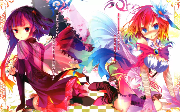 A vibrant HD wallpaper featuring Stephanie Dola and Clammy Zell from the anime No Game No Life, showcasing their colorful outfits in a whimsical, fantasy setting.