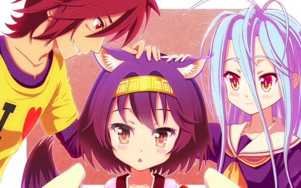 Izuna Hatsuse, Shiro, and Sora from No Game No Life in a vibrant anime scene. HD desktop wallpaper showcasing the trio with expressive features and colorful background.