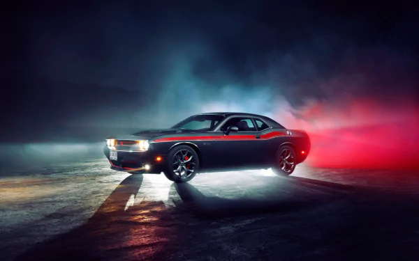 HD desktop wallpaper featuring a black Dodge Challenger RT muscle car with red accents, surrounded by atmospheric mist and dramatic lighting.