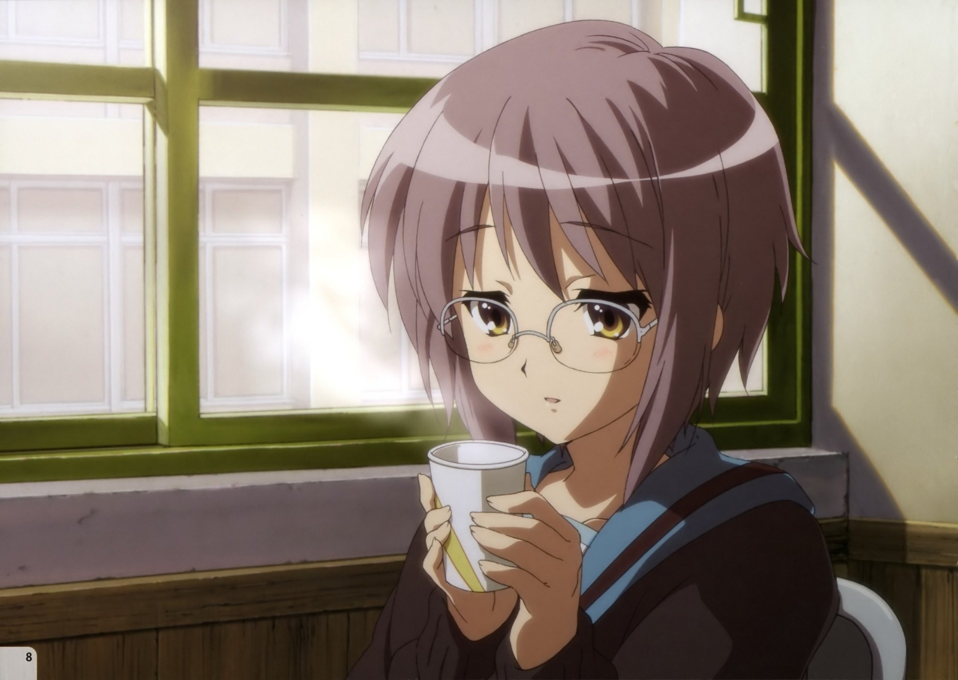 Yuki Nagato (anime) from The Melancholy of Haruhi Suzumiya, holding a steaming mug by a sunlit classroom window — 2K Quad HD PC desktop wallpaper.