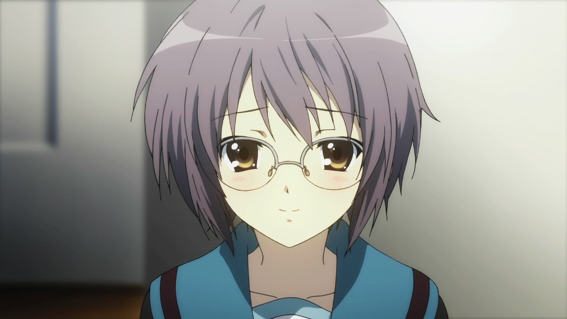 HD PC desktop wallpaper of Yuki Nagato (The Melancholy of Haruhi Suzumiya): calm close-up, glasses, short purple hair, blue school uniform, soft neutral background.