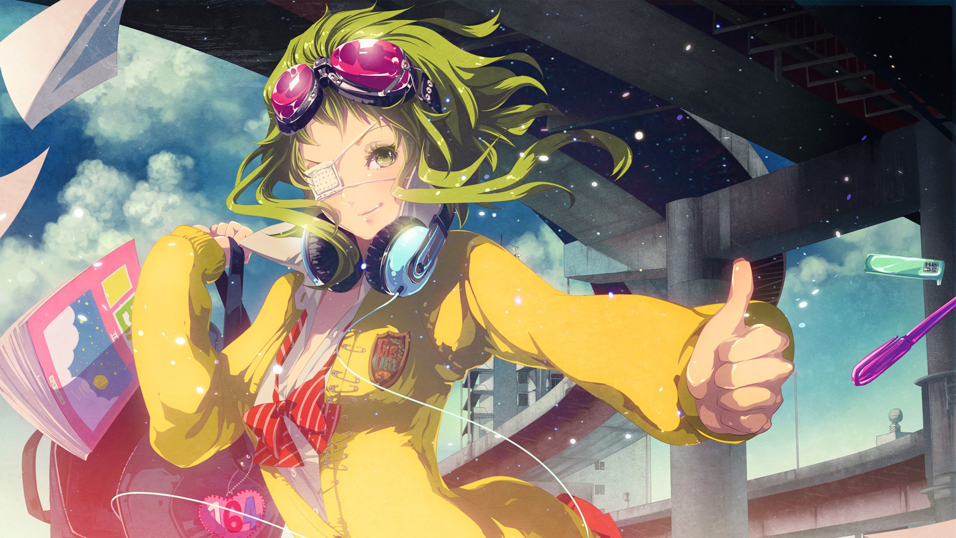 HD PC desktop wallpaper featuring GUMI from Vocaloid in vibrant anime style, giving a thumbs-up under an urban bridge with dynamic lighting and colorful accents.