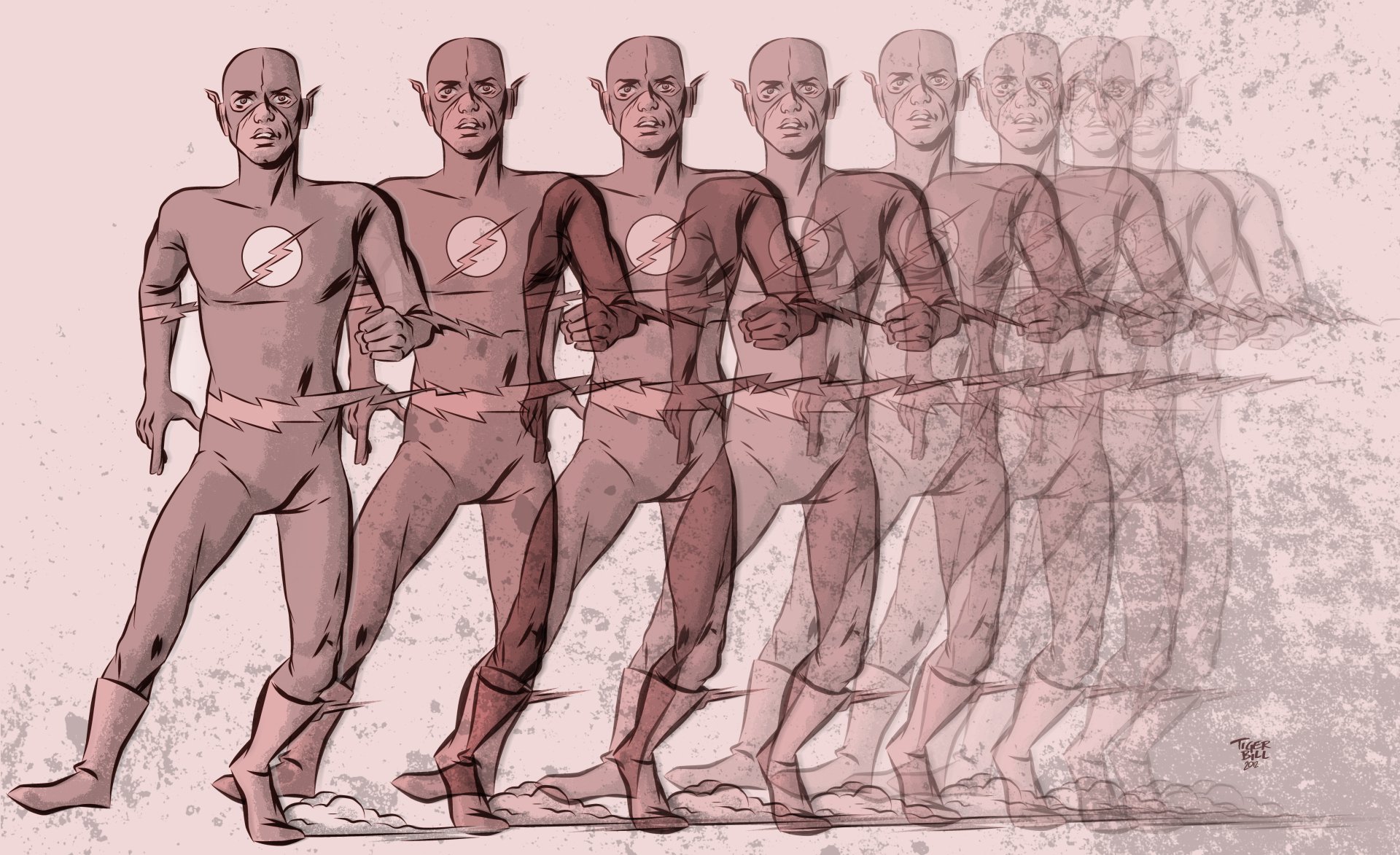 A dynamic comic illustration of The Flash, showcasing motion with multiple poses in a seamless blend, designed as a stunning 4K Ultra HD PC desktop wallpaper and background.