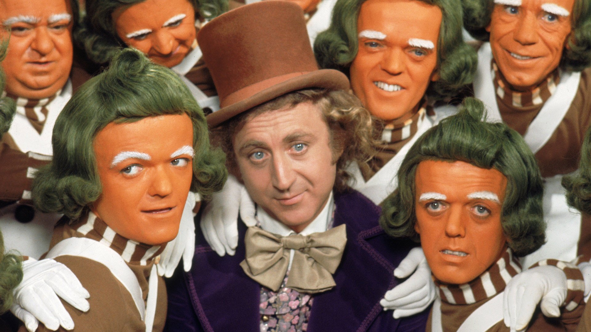 HD PC desktop wallpaper featuring Willy Wonka surrounded by Oompa Loompas from the movie Willy Wonka & the Chocolate Factory.