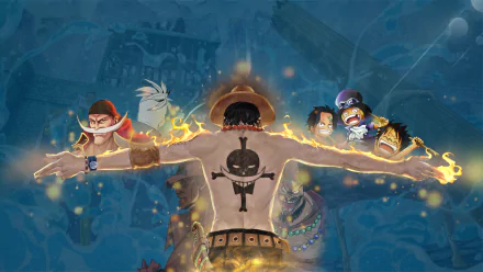 HD desktop wallpaper featuring Portgas D. Ace from the anime One Piece, displaying his fiery powers and iconic back tattoo with other characters in vibrant, dynamic detail.
