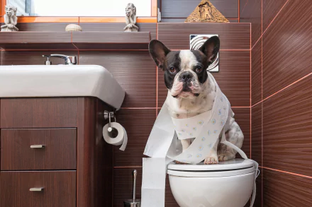 HD desktop wallpaper of a cute French bulldog sitting on a toilet wrapped in toilet paper in a modern bathroom, blending humor with an adorable animal scene.