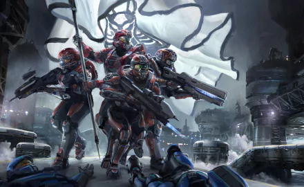 A dynamic scene from Halo 5: Guardians featuring four armored characters in action, set against a dramatic backdrop, making for a captivating HD PC desktop wallpaper.