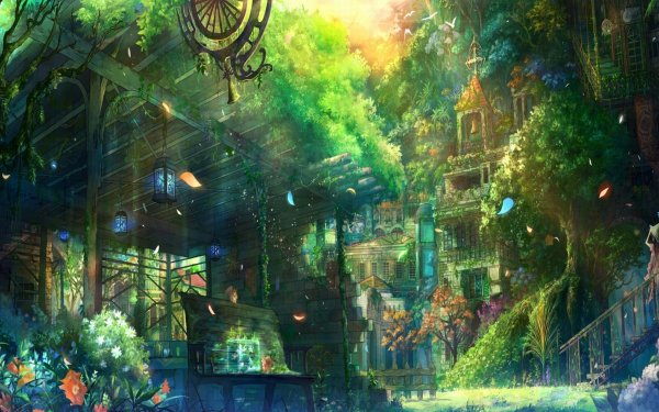 Fantasy Landscape Tree Flower Light House HD Wallpaper | Background Image