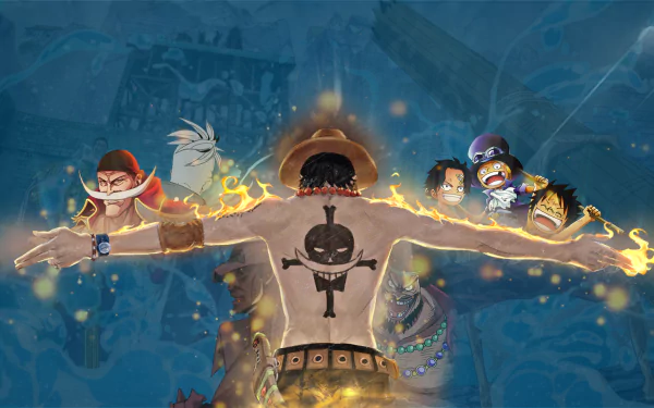 HD desktop wallpaper featuring Portgas D. Ace from the anime One Piece, displaying his fiery powers and iconic back tattoo with other characters in vibrant, dynamic detail.