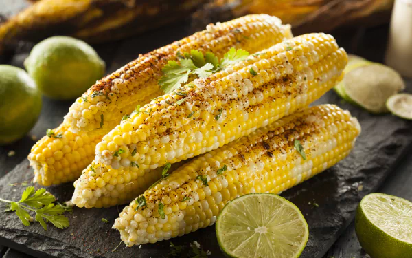 5K Ultra HD PC desktop wallpaper: close-up of grilled corn on the cob with char marks, cilantro and lime wedges, bright yellow kernels on a dark slate background.