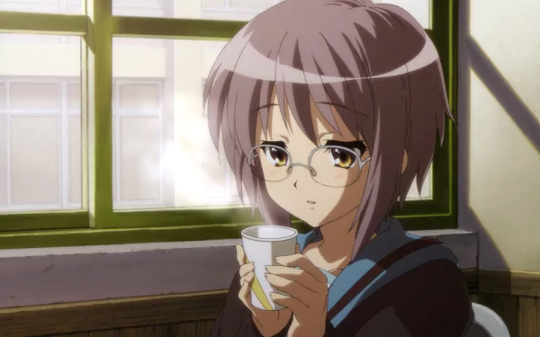 Yuki Nagato (anime) from The Melancholy of Haruhi Suzumiya, holding a steaming mug by a sunlit classroom window — 2K Quad HD PC desktop wallpaper.