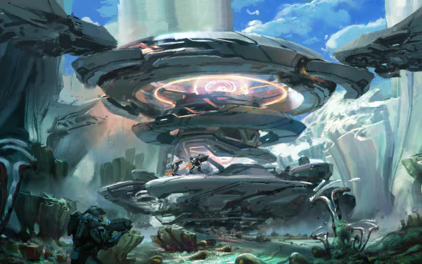 A vibrant 4K Ultra HD wallpaper depicting a stunning landscape from Halo 5: Guardians, featuring futuristic structures and characters engaged in an epic adventure.