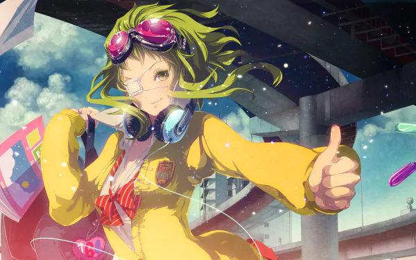 HD PC desktop wallpaper featuring GUMI from Vocaloid in vibrant anime style, giving a thumbs-up under an urban bridge with dynamic lighting and colorful accents.