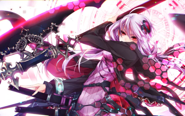 HD anime desktop wallpaper featuring Yuzuki Yukari from Vocaloid with vibrant pink and black tones and futuristic weaponry details.