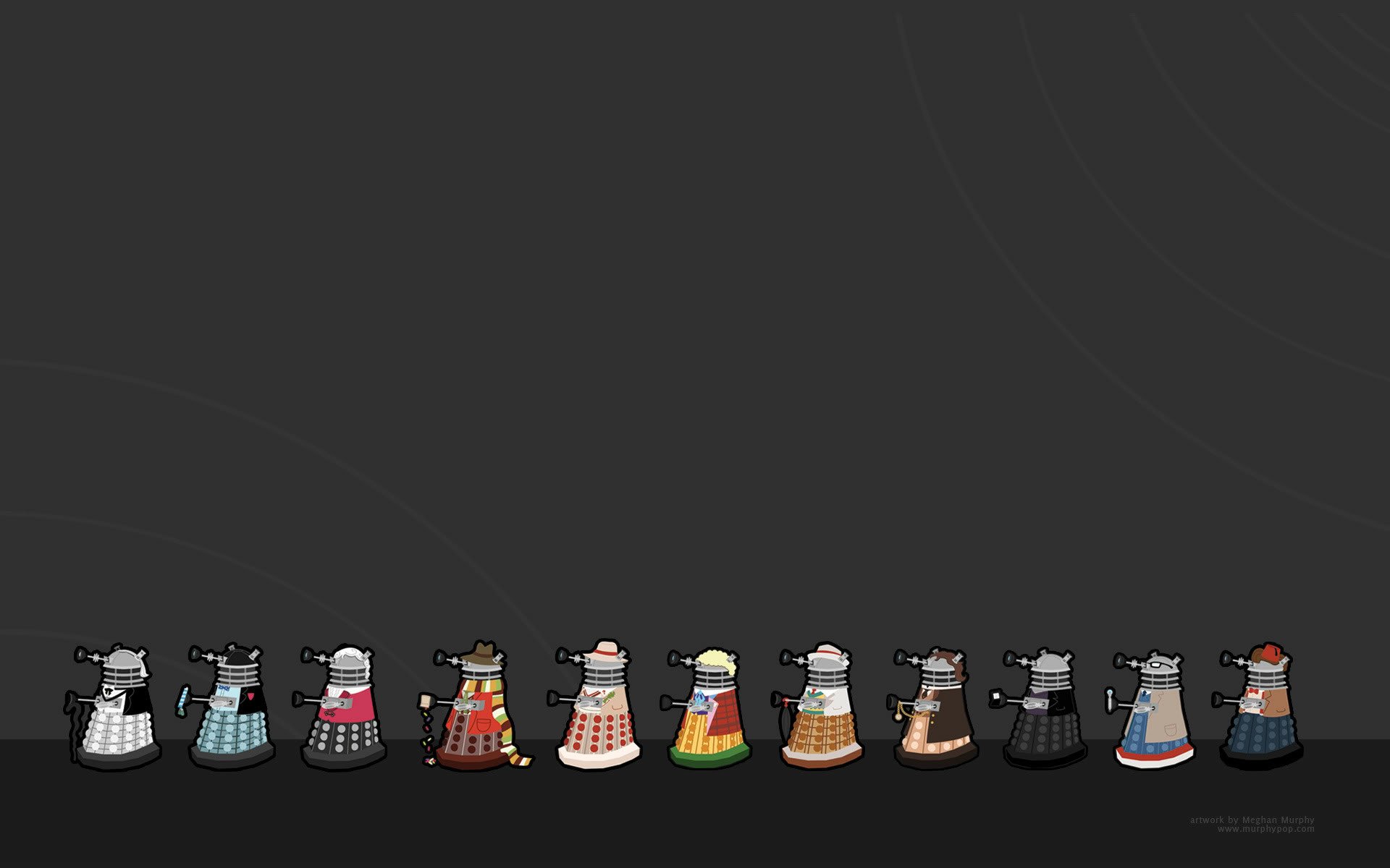 A colorful lineup of Daleks from the TV show Doctor Who (2005), showcased on a sleek black background as a high-definition desktop wallpaper.