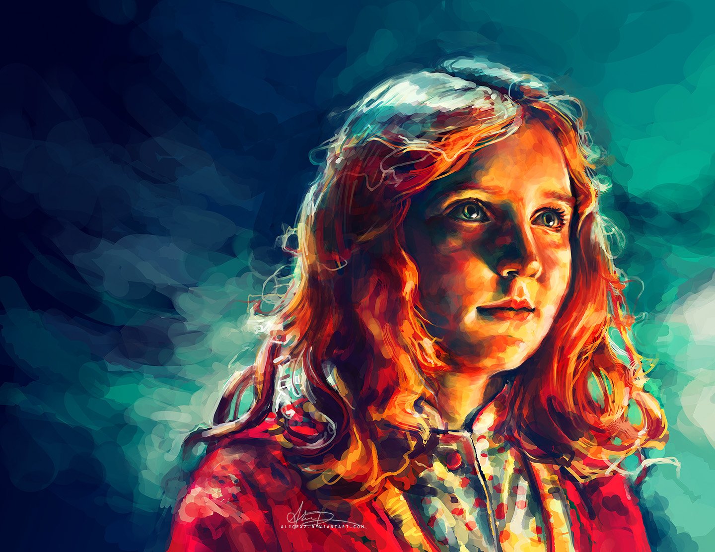 HD desktop wallpaper featuring a vivid, artistic portrait of a young girl from the TV show Doctor Who (2005), set against a moody, blue-green background.