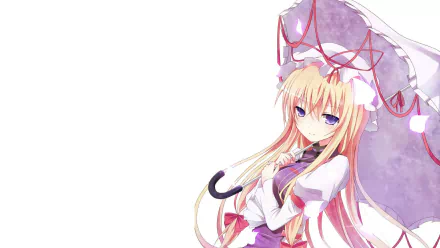 HD anime desktop wallpaper featuring Yukari Yakumo from the Touhou series, depicted with long blonde hair, a purple parasol, and a white and pink outfit.