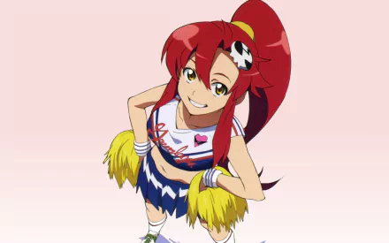 HD PC desktop wallpaper of Yoko Littner from Tengen Toppa Gurren Lagann, smiling in a blue-and-white cheerleader outfit holding yellow pom-poms on a pale pink background.