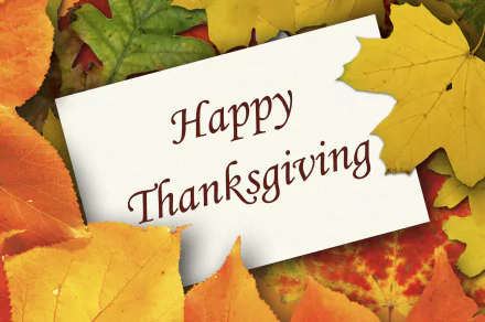 HD PC desktop wallpaper featuring colorful autumn leaves surrounding a torn paper with Happy Thanksgiving text, celebrating the Thanksgiving holiday.