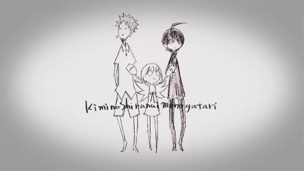 A stylized HD wallpaper featuring Meme Oshino, Shinobu Oshino, and Koyomi Araragi from the Monogatari series, showcasing their unique designs against a minimalist background.