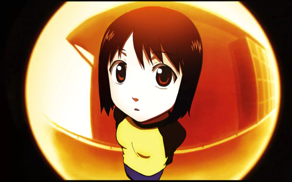 Anime-style HD desktop wallpaper from Welcome to the N.H.K.: a chibi girl with short dark hair and big eyes wearing a yellow top, framed inside an orange glowing fisheye orb.