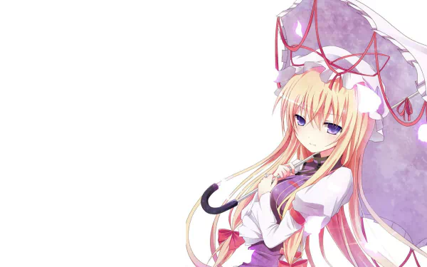 HD anime desktop wallpaper featuring Yukari Yakumo from the Touhou series, depicted with long blonde hair, a purple parasol, and a white and pink outfit.