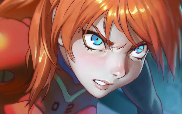 Asuka Langley Sohryu from End of Evangelion, depicted with intense expression and vibrant orange hair. An engaging HD wallpaper for fans of anime.