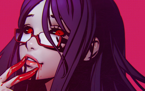 Anime Tokyo Ghoul Rize Kamishiro Red Eyes Glasses Smile Purple Hair Blood HD Wallpaper | Background Image