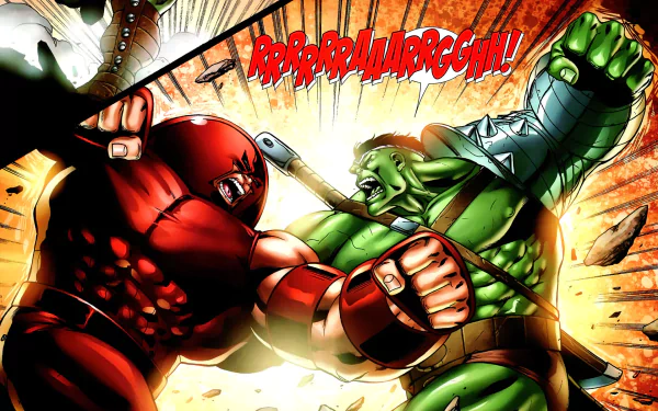 HD comic desktop wallpaper featuring Marvel's Juggernaut and Hulk in an intense World War Hulk battle scene.