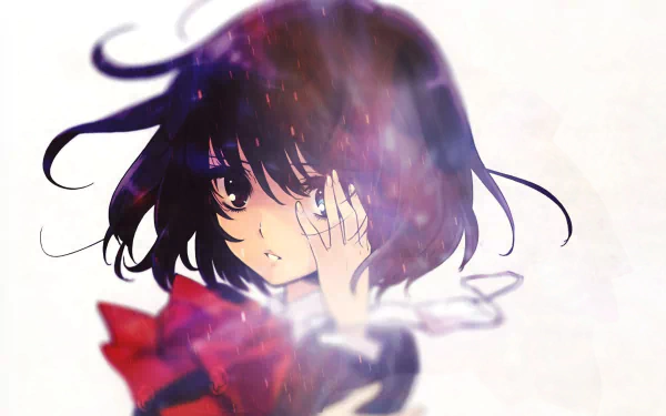 An HD desktop wallpaper featuring Mei Misaki from the anime Another. The artwork captures her expressive face and dark hair, creating a mysterious and captivating atmosphere.