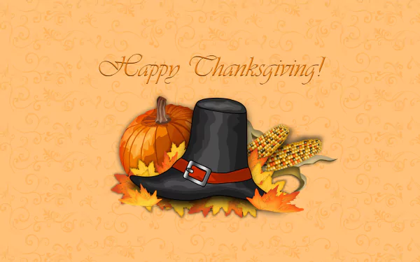 HD Thanksgiving desktop wallpaper featuring a pumpkin, Pilgrim hat, autumn leaves, and Indian corn with Happy Thanksgiving! text on a soft orange background.