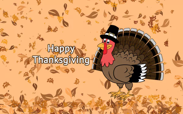 HD PC desktop wallpaper featuring a cartoon turkey wearing a pilgrim hat with falling autumn leaves and Happy Thanksgiving text for the holiday.
