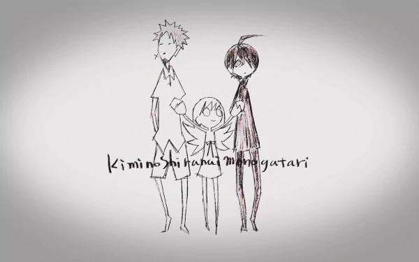 A stylized HD wallpaper featuring Meme Oshino, Shinobu Oshino, and Koyomi Araragi from the Monogatari series, showcasing their unique designs against a minimalist background.