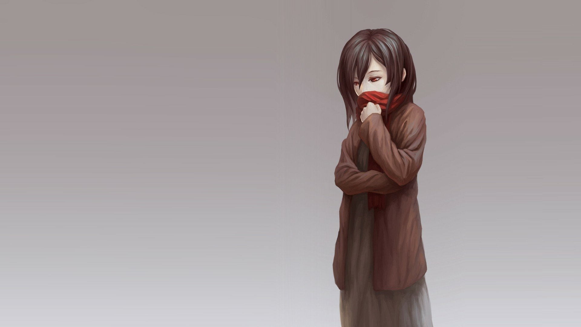 HD desktop wallpaper featuring Mikasa Ackerman from the anime Attack on Titan, depicted in a muted color palette with a contemplative expression against a simple background.