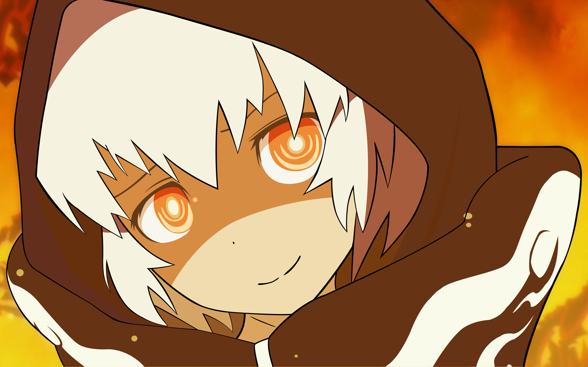 HD PC desktop wallpaper: anime close-up of Strength (Black Rock Shooter) in a hooded cloak, glowing orange eyes and stylized flames filling the background.