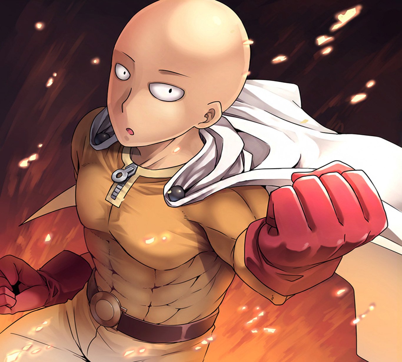 HD wallpaper featuring Saitama from One-Punch Man, showcasing his determined expression and iconic outfit against a dynamic, fiery background.