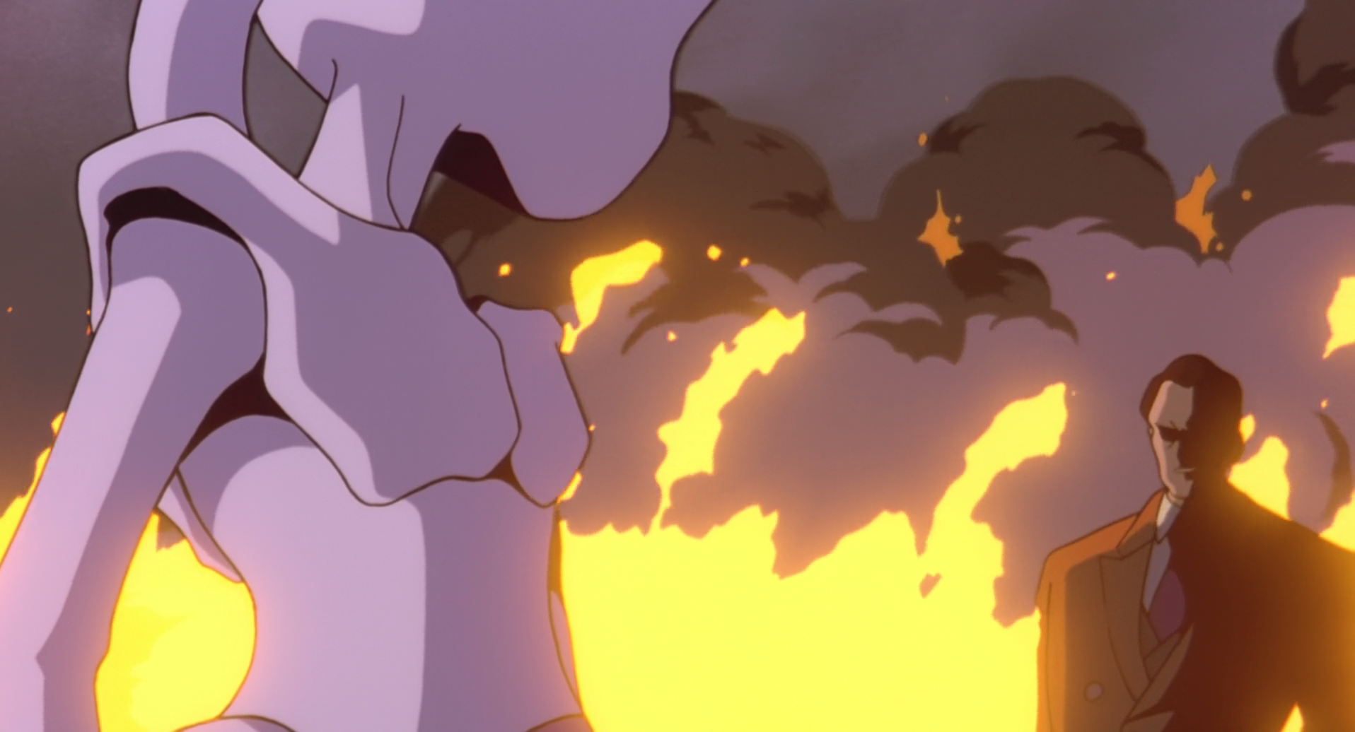 HD desktop wallpaper featuring Giovanni and Mewtwo from Pokémon: The First Movie with a fiery background in anime style.