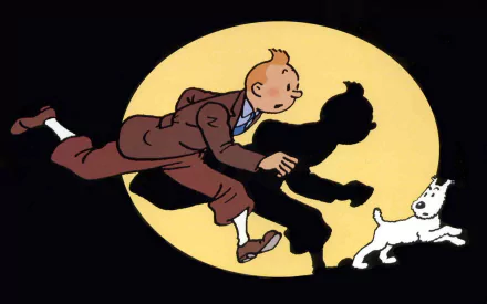 Tintin and his dog snowy dash forward against a bright yellow backdrop, capturing the adventurous spirit of The Adventures of Tintin in this HD desktop wallpaper.