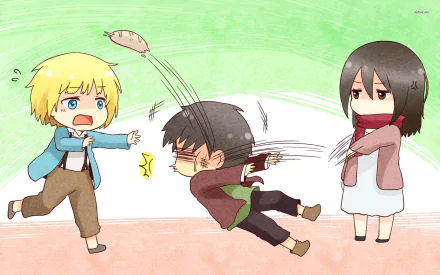 Chibi versions of Eren Yeager, Armin Arlert, and Mikasa Ackerman from Attack on Titan. Eren is being thrown, Armin is reacting, and Mikasa is standing calmly. HD desktop wallpaper and background.