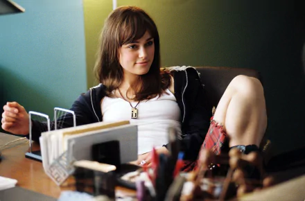 Keira Knightley in a scene from the 2005 movie Domino, shown relaxing in a casual outfit, featured in an HD PC desktop wallpaper and background.