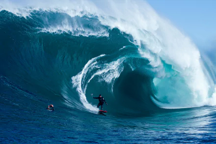 A surfer rides a massive wave, showcasing the thrill of surfing in this HD desktop wallpaper. The dynamic ocean scene captures the excitement of water sports.