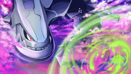 A dynamic HD wallpaper featuring Steelix and Bellsprout from Pokémon, set against a vibrant anime background with swirling colors and energetic effects.