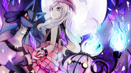 A vibrant HD wallpaper featuring a character from Pokémon X and Y, accompanied by a Lucario and ghostly Pokémon, set against a mystical moonlit background.