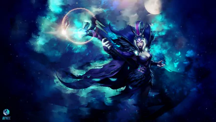 HD PC desktop wallpaper featuring LeBlanc, a character from the video game League of Legends, casting a magical spell under a glowing moonlit sky.
