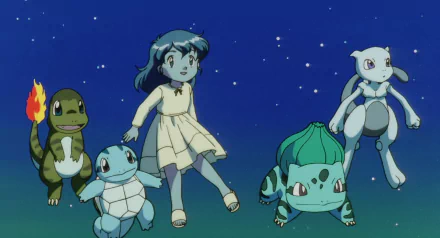 HD desktop wallpaper featuring starter Pokémon Charmander, Squirtle, Bulbasaur, alongside Mewtwo and a girl in anime style from Pokémon: The First Movie.