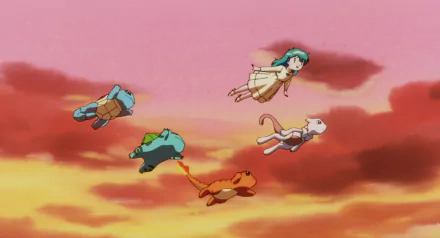 HD PC desktop wallpaper featuring Mewtwo, Ambertwo, Charmander, Bulbasaur, and Squirtle flying together against a vibrant sky from Pokémon: The First Movie anime.