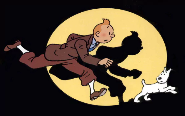 Tintin and his dog snowy dash forward against a bright yellow backdrop, capturing the adventurous spirit of The Adventures of Tintin in this HD desktop wallpaper.