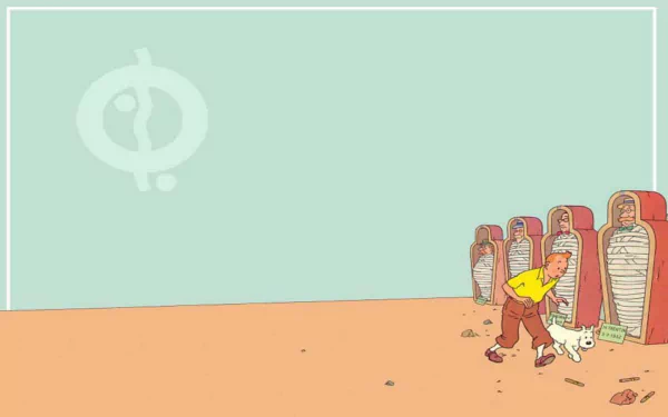 HD desktop wallpaper featuring a comic-style scene from The Adventures of Tintin, showing Tintin and Snowy near Egyptian sarcophagi against a minimalist background.
