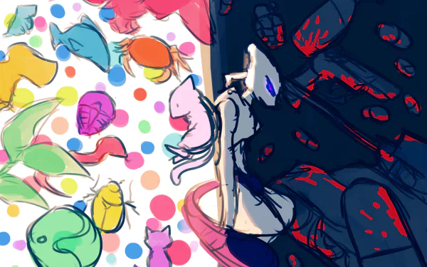 A vibrant HD wallpaper featuring Mewtwo and Mew from Pokémon, showcasing a dynamic contrast between dark and colorful elements in an anime-inspired design.