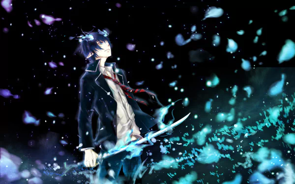HD desktop wallpaper of Rin Okumura from Blue Exorcist holding Kurikara amidst swirling blue and purple ethereal effects. Rin's expression is determined, and his pointed ears are prominent against the dark background.